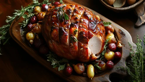 Glazed roast ham with crosshatched scoring and caramelized vegetables