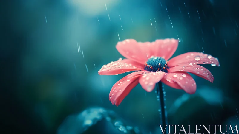 Pink Daisy with Water Droplets Against Blue Background