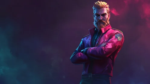 Bearded male figure in magenta jacket on dark gradient field.