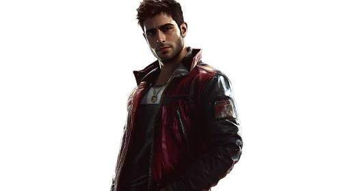 Moody digital portrait of brooding man in red leather jacket.