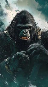 Mighty armored gorilla gazing forward with fierce focus.