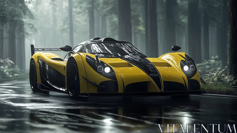Yellow hypercar slicing through misty forest rainstorm.