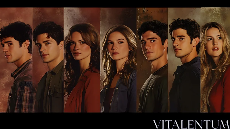 Cinematic ensemble portrait under warm split lighting study.