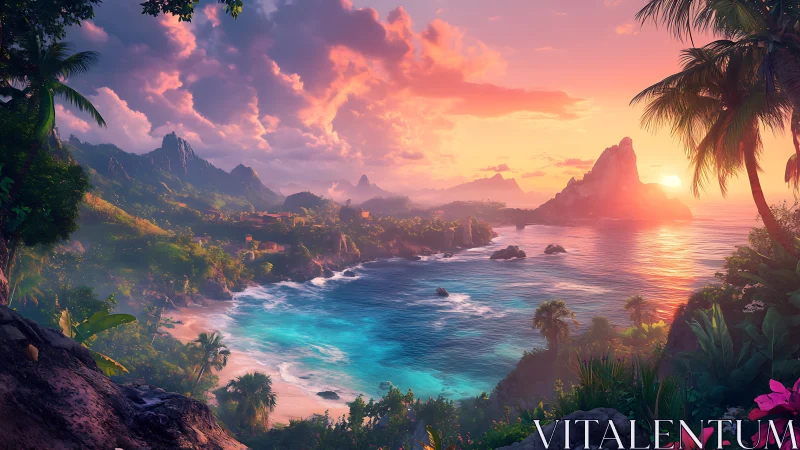 Tropical Island Sunset with Dramatic Clouds and Mountain Vista
