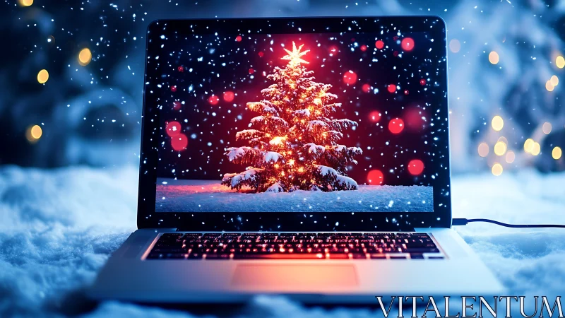 Laptop portal glows with a sparkling digital Christmas tree