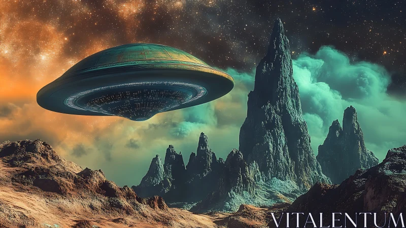 Massive alien saucer hovers above jagged extraterrestrial peaks