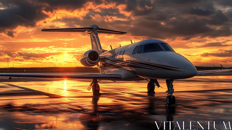 Private jet stands on wet runway under low sunset light