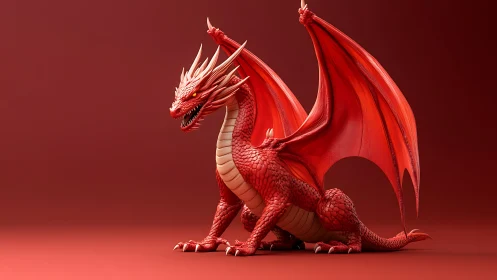 Crimson 3D dragon crouched in dramatic red studio light.