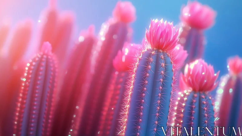 Dreamy neon cacti glowing with soft pink blossoms.
