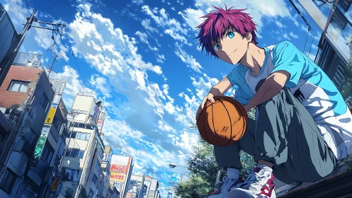 Streetlit skycourt dreams with a red-haired urban baller.