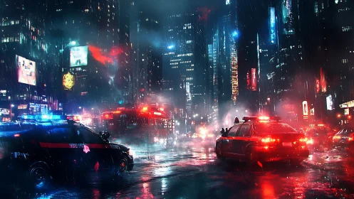 Nighttime city street with police cars in heavy rain.