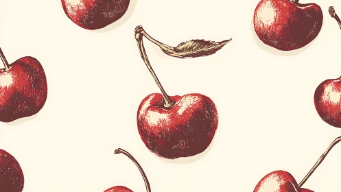 Hand-drawn cherry parade on creamy vintage canvas background.