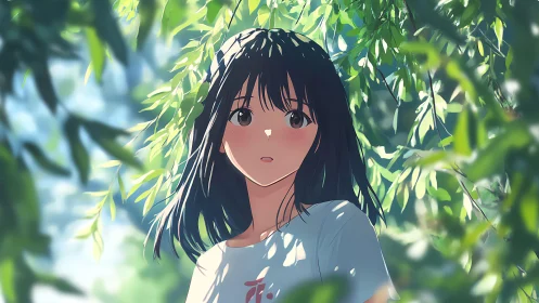 Anime portrait under dappled foliage with soft backlighting.