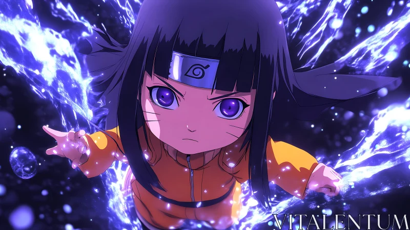 Anime ninja child in water energy swirl, intense focus.