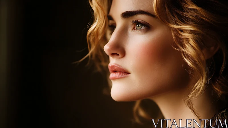 Side profile portrait shows detailed, softly lit young woman