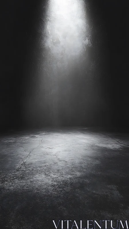 Colimated overhead shaft light across cracked concrete floor.