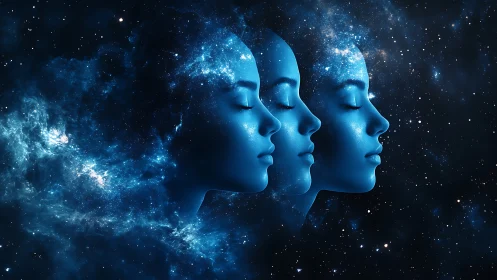 Starlit dreamer trio drifting through cosmic midnight skies.