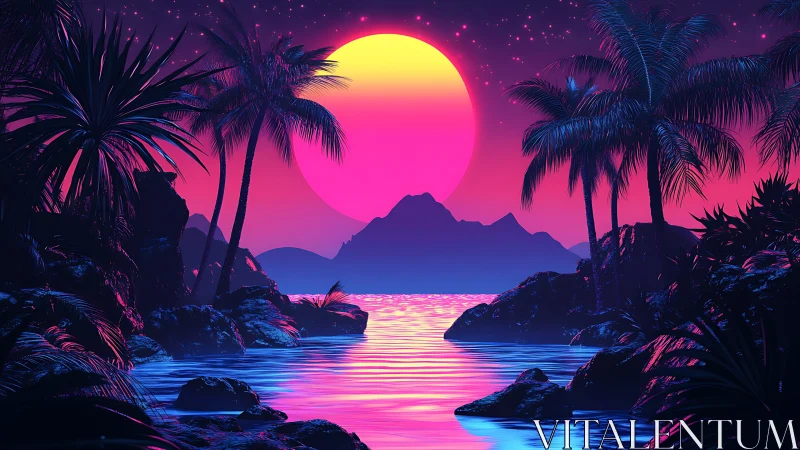 Neon tropical lagoon at dusk with oversized magenta sun and islets.