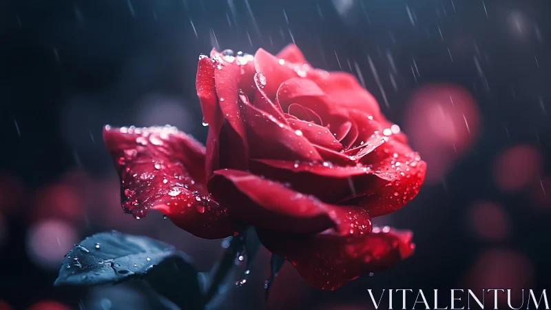 Red rose with water droplets in rain against dark background