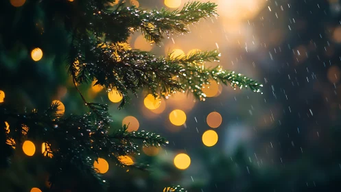 Rain-kissed evergreen boughs basking in golden twilight glow.