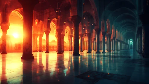 Symmetrical mosque corridor with contrasting warm and cool light.