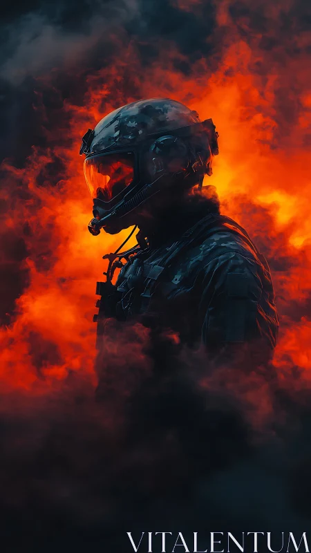 Armored soldier in infernal smoke rendered with cinematic lighting