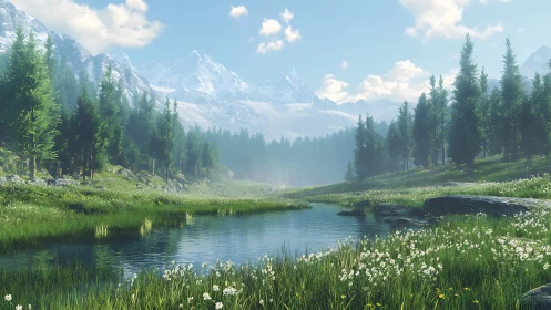 Mountain river valley under clear summer sky at dawn.