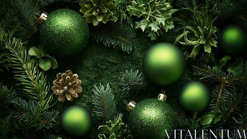 Green ornaments lie among evergreen foliage and pinecones