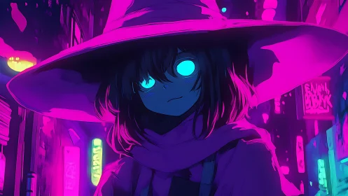 Neon-lit cyber witch gazes forward under oversized magenta hat