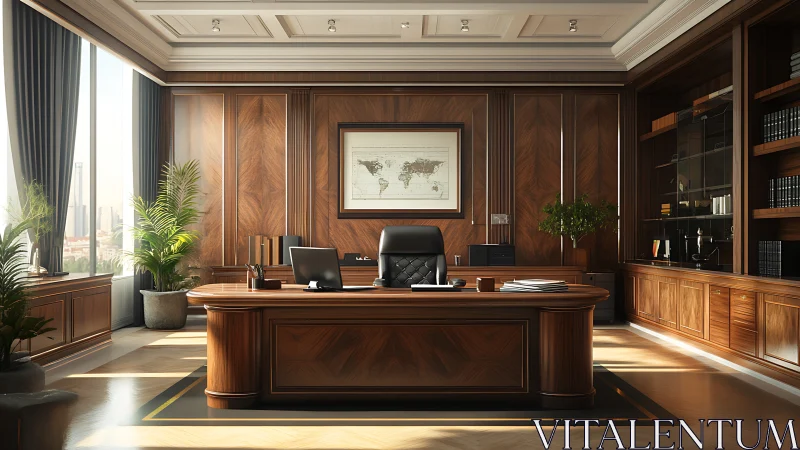 Sunlit executive office wrapped in warm classic wood tones.