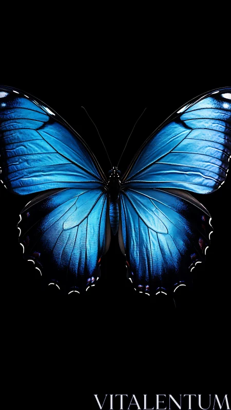 Radiant blue butterfly spreads luminous wings on black