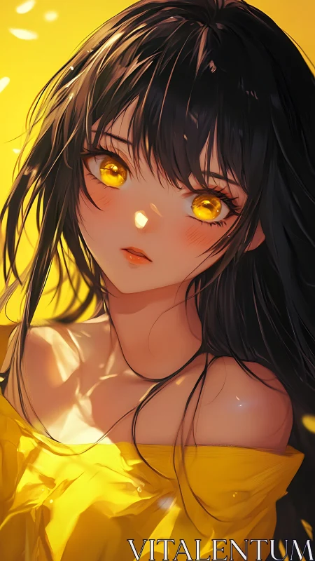 Golden eyed girl bathed in soft sunlit yellow warmth.