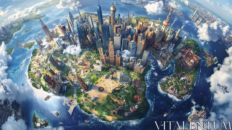 Miniature planet cityscape glows with futuristic coastal energy