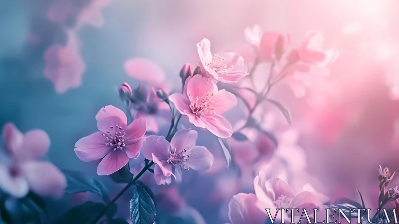 Pink Flowering Shrub Against Blue-Toned Background