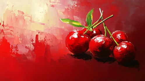 Crimson cherries bask against a sunlit abstract storm.