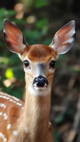 Gentle young fawn gazes softly into the forest light