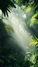 Misty tropical forest canopy with layered palm foliage and atmospheric volumetric light.