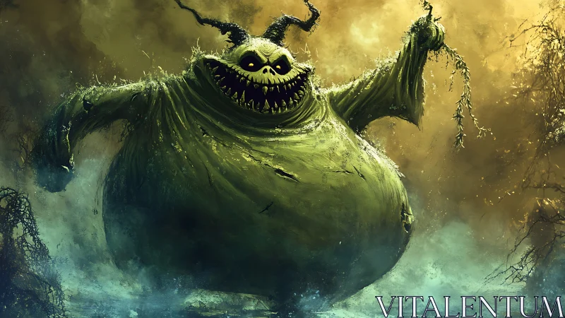 Grotesque swamp monster stalks through toxic golden mist