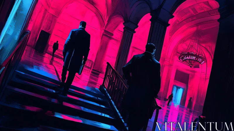 Business figures in neon lit grand hall interior at night.