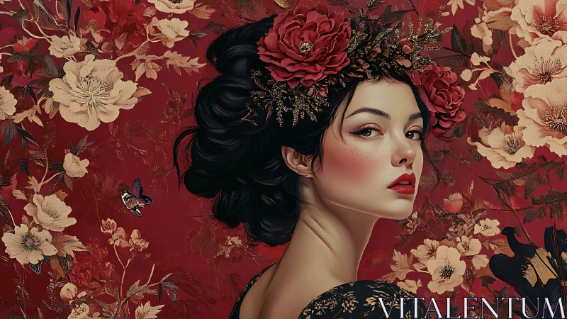 Floral-crowned woman gazes back amid crimson blossoms.