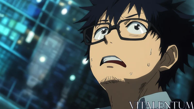 Anime man stares upward in tense neon city moment