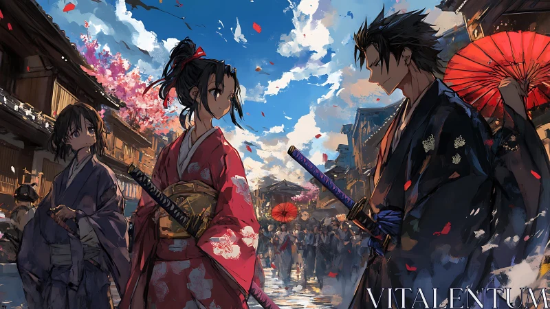 Samurai couple in Edo-era street festival, dynamic anime tableau