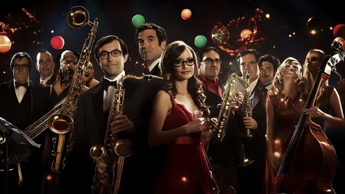 Jazz orchestra in satin light with brass and strings.