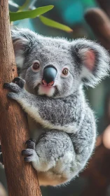 Curious koala cuddling a tree with bright, playful eyes.