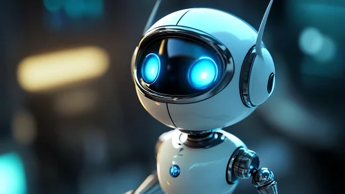Humanoid robot with illuminated blue eyes in soft focus scene.