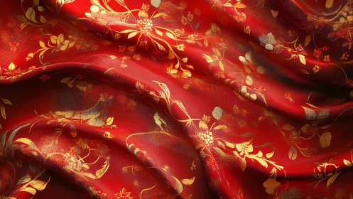 Radiant red silk ripples softly with golden floral light