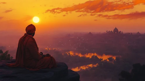 Solitary robed figure overlooking luminous river at sunset.