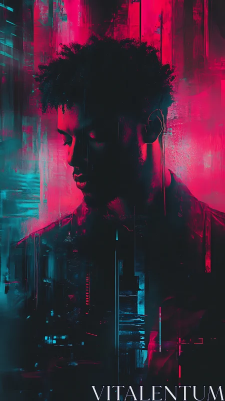 Profile portrait of male figure in neon cyan and magenta lighting