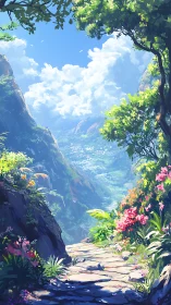 Mountain path with flowers overlooking distant valley view.