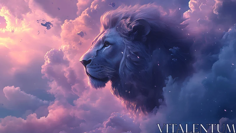 Dreamy twilight lion drifting through cotton candy clouds.